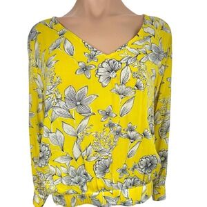 A New Day Pullover Top Size XL Yellow w Black & White Flowers Rayon 3/4 Sleeve